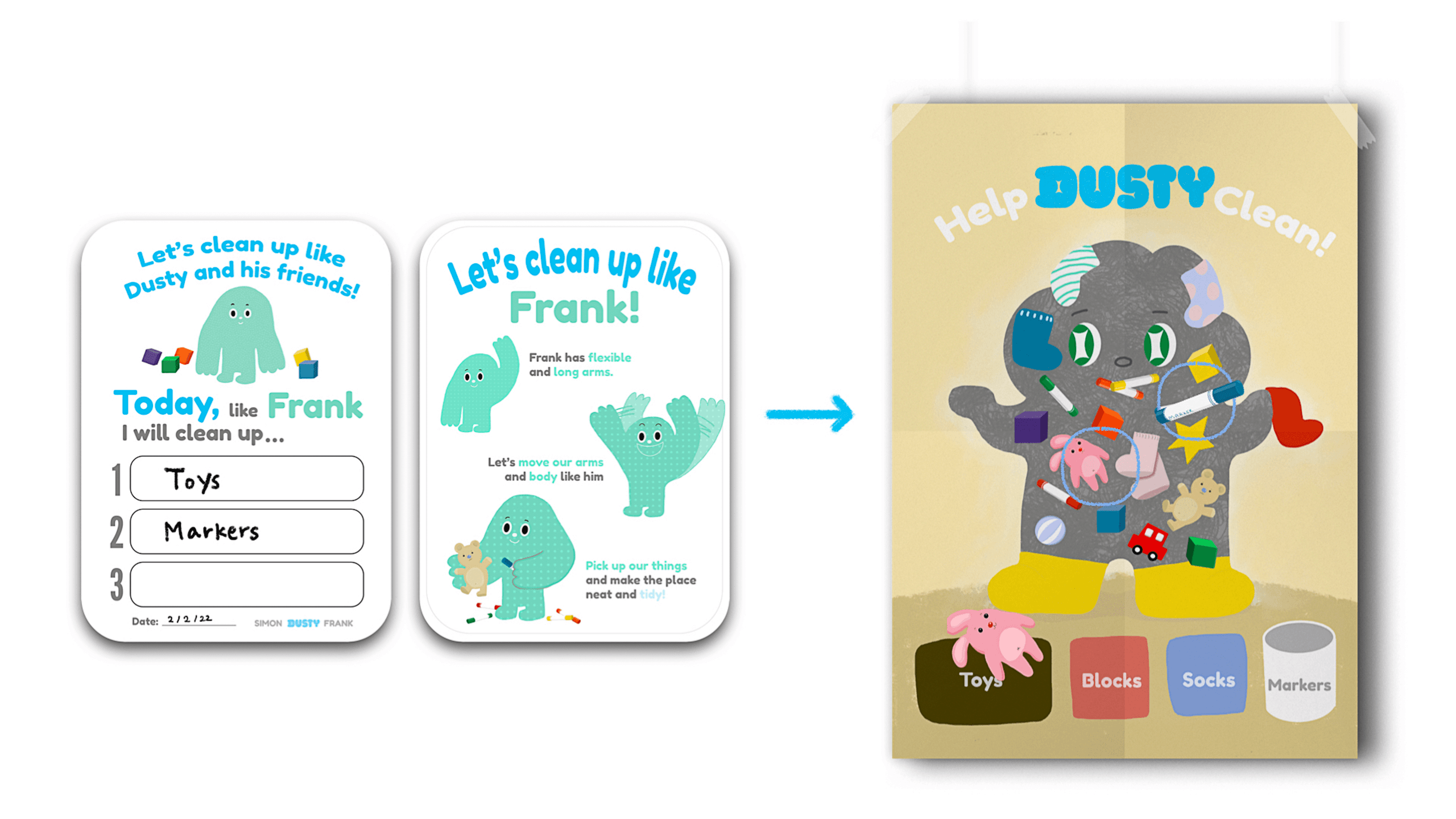 The image shows two printed sheets side by side. The left sheet is titled “Today, like Frank I will clean up…” and features a cartoon octopus with blocks and text. The right sheet is titled “Let’s clean up like Frank!” and shows a cartoon elephant with blocks and text. Both sheets include instructions for cleaning up messes, with phrases like “Pick up our things” and “Pick up our things and place neat and tidy!” The sheets are labeled “Date: 2/9/12” and “Date: 2/9/12”, respectively. The right sheet also includes the words “Blocks,” “Socks,” and “Markers” at the bottom.