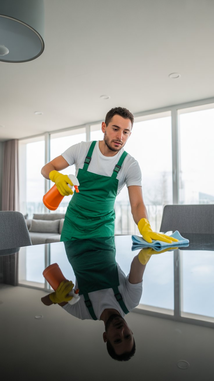 Woman wearing yellow gloves cleaning wooden surface