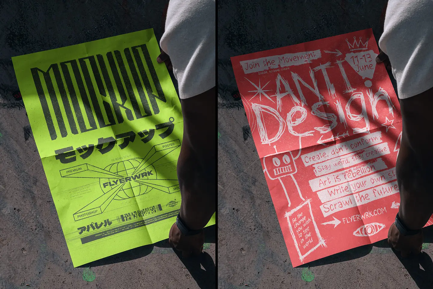 Outdoor A2 Poster Mockup displaying vibrant neon green and red posters with experimental typography layouts