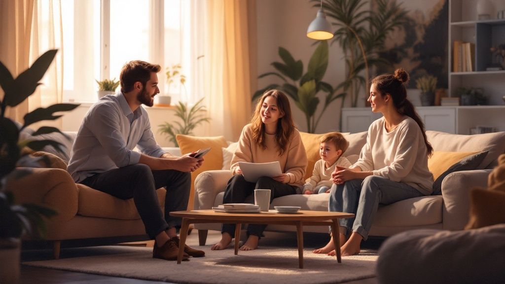Smiling family sitting together in a cozy living room, engaged in conversation with a professional holding a phone, suggesting a casual consultation or discussion