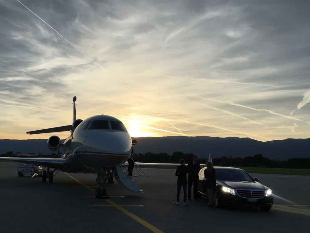 chauffeur et limousine devant jet prive
