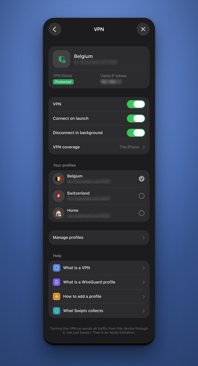 The VPN screen: status, profiles and coverage in one place.