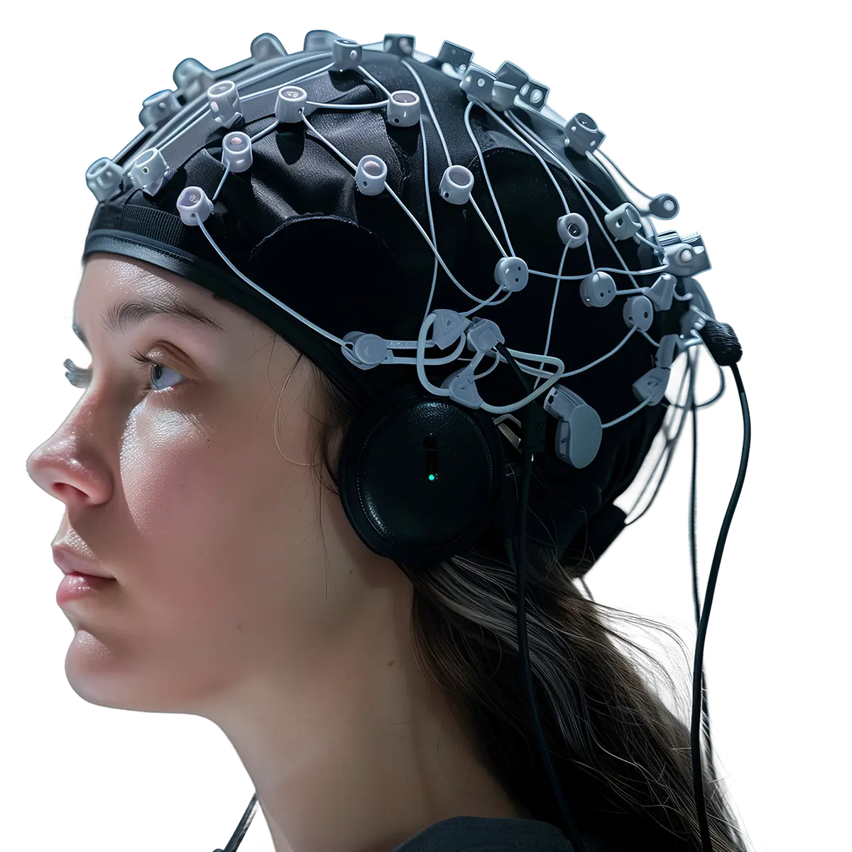 Image showing a woman wearing an EEG, or Electroencephalogram skullcap depicting neroscience research