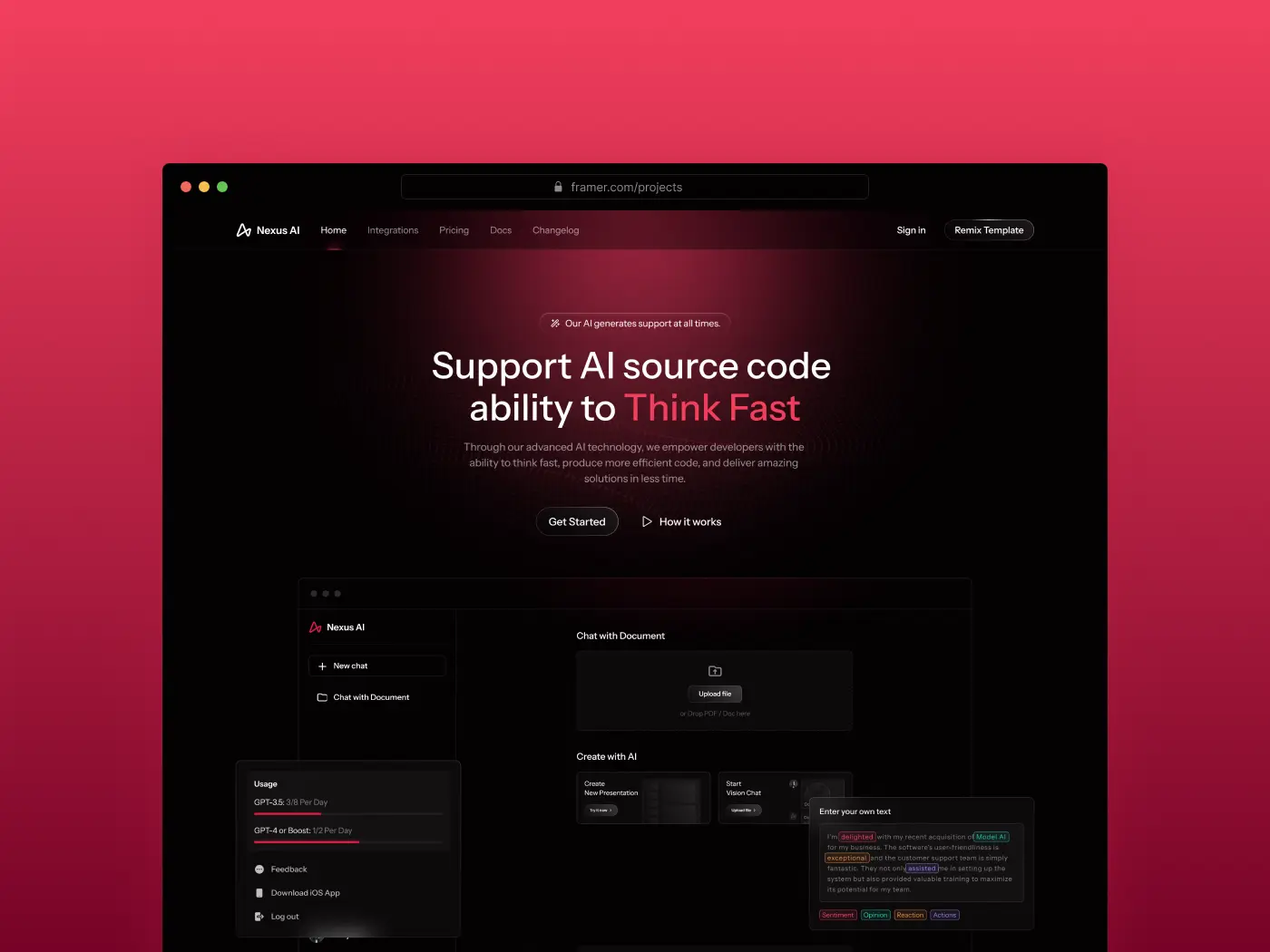 Nexus AI Framer template homepage for AI-powered code generation with fast-thinking automation and dark UI design