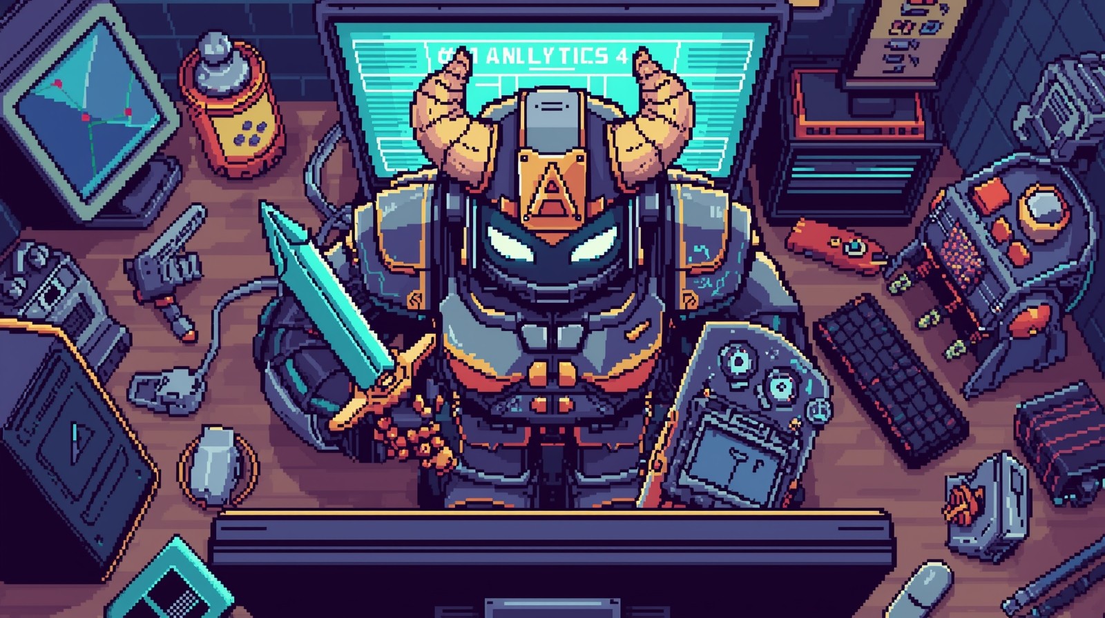 32x32 pixel image showing a robot representing GOOGLE ANALYTICS 4 from an overhead view in a retro gaming pixel art style with strong lines and vibrant colors,