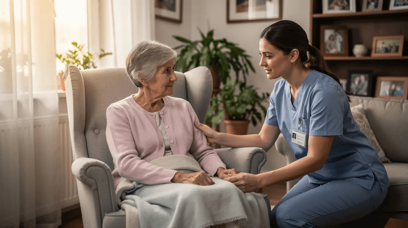 The image depicts a senior woman receiving care assistance at home from a caregiver, highlighting the importance of long term care services in ensuring comfort and support for loved ones. This scene emphasizes the need to consider factors such as rising care costs and long term care insurance when planning for future care needs.