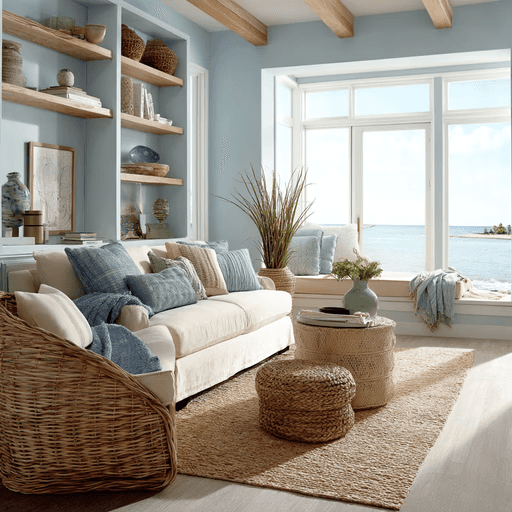 Coastal-themed living room with a beige sofa, blue cushions, and wicker furniture. Large window shows a serene ocean view, conveying tranquility.