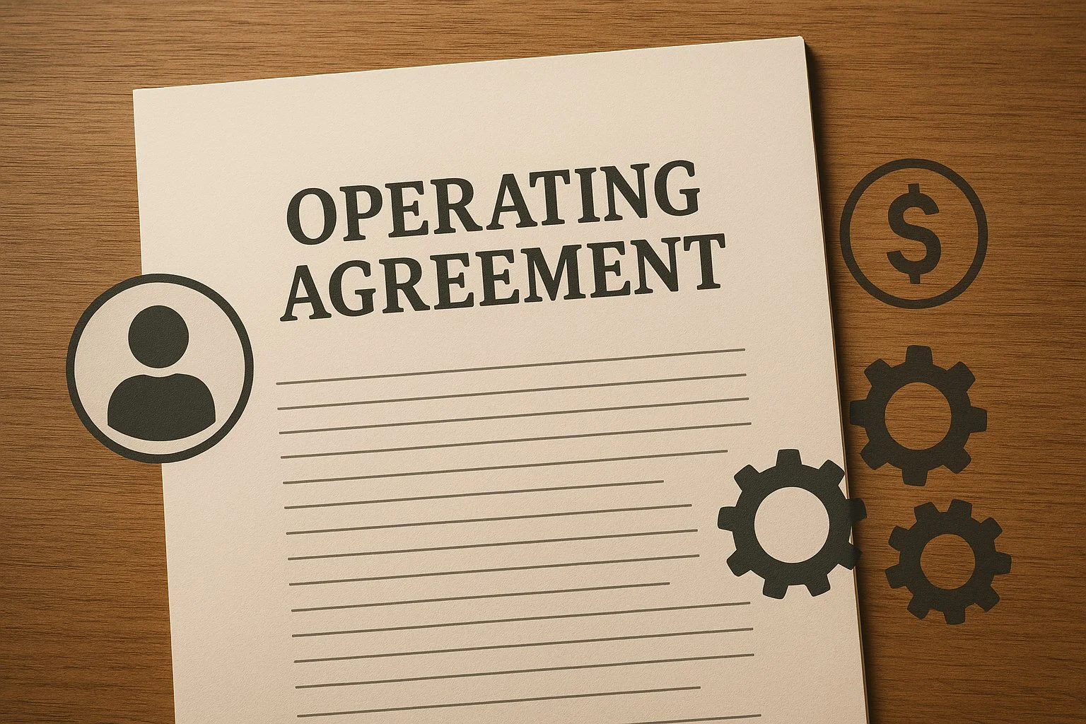 Illustration of an open document labeled “Operating Agreement,” surrounded by icons of people, money, and gears symbolizing ownership, profits, and decision-making.