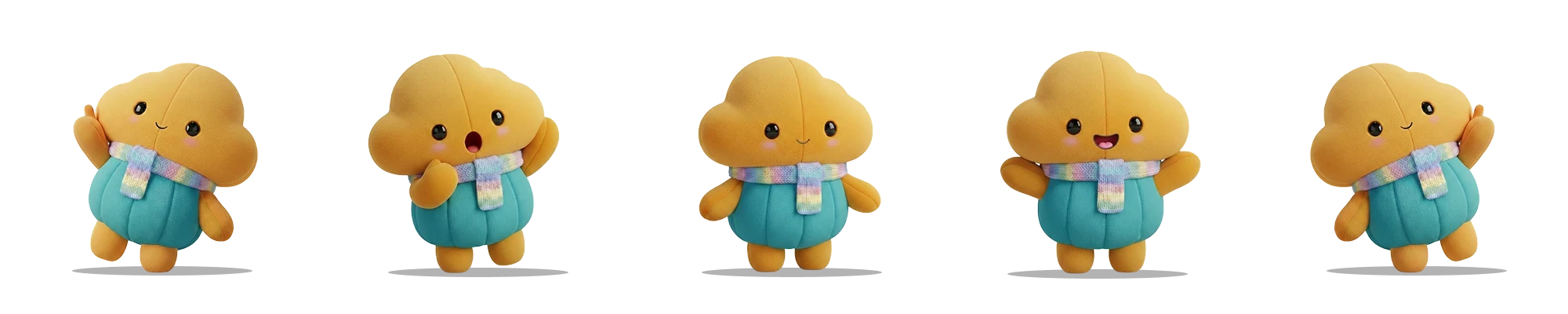 En orange, gosedjustliknande figur med molnformat huvud. Den är klädd i en grön färg och har en halsduk med regnbågsfärger.