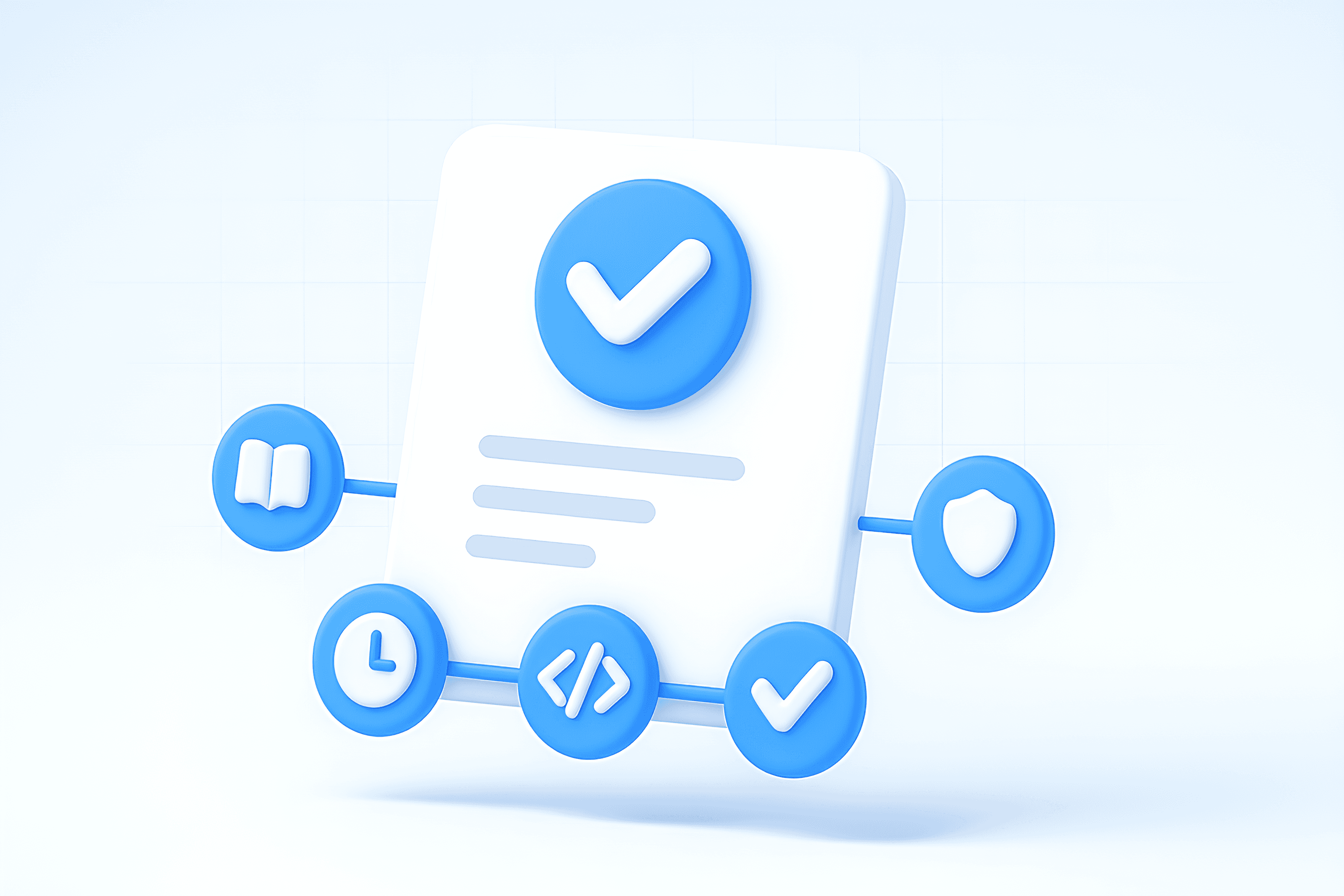 3D illustration of a floating document surrounded by five blue circular icons: star (quality), book (literary), megaphone (promo), film clapperboard (screen content), and speech bubble (dialogue or communication).