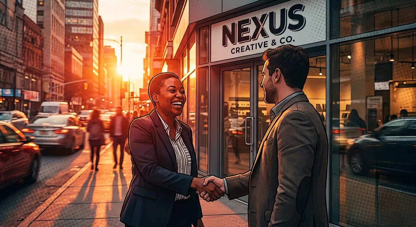 Handshake outside Nexus Creative & Co. at sunset, Digital Marketing Agency.