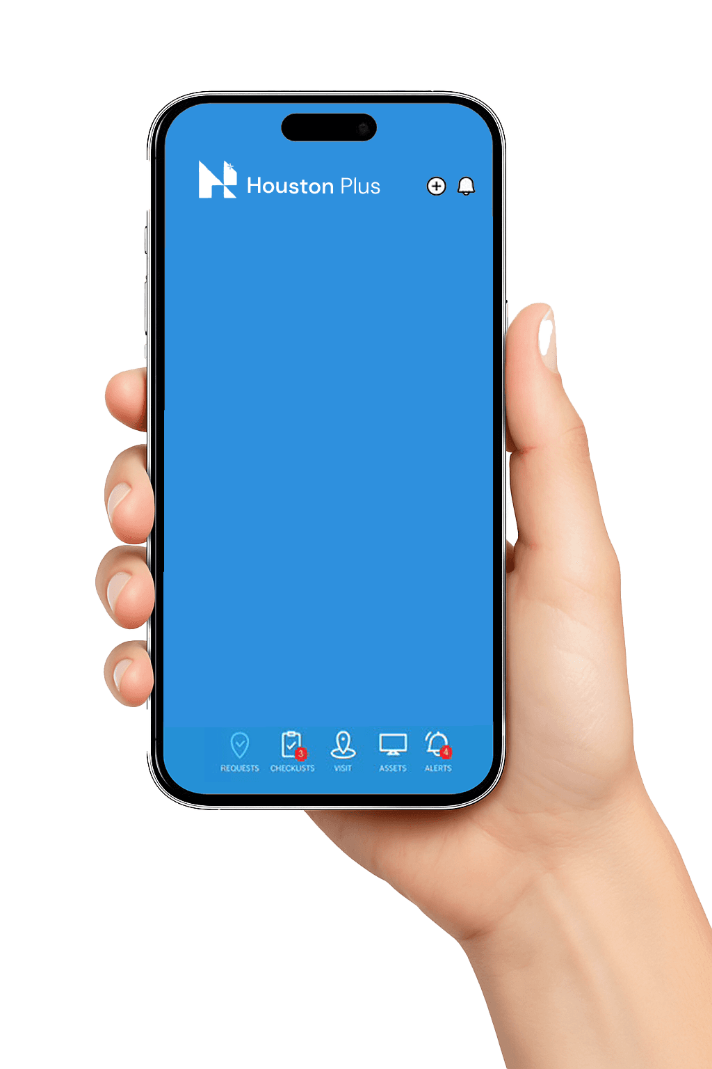 Hand holding a smartphone showing the HoustonPlus logo on screen, representing scalable features that grow with your business.