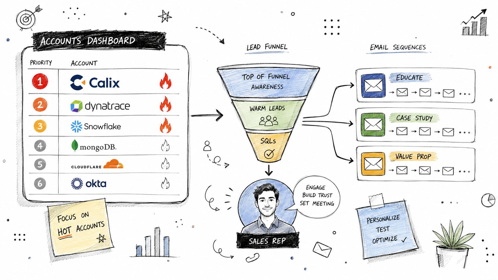 A hand-drawn illustration showing a sales account dashboard funneling hot leads into targeted email marketing sequences.