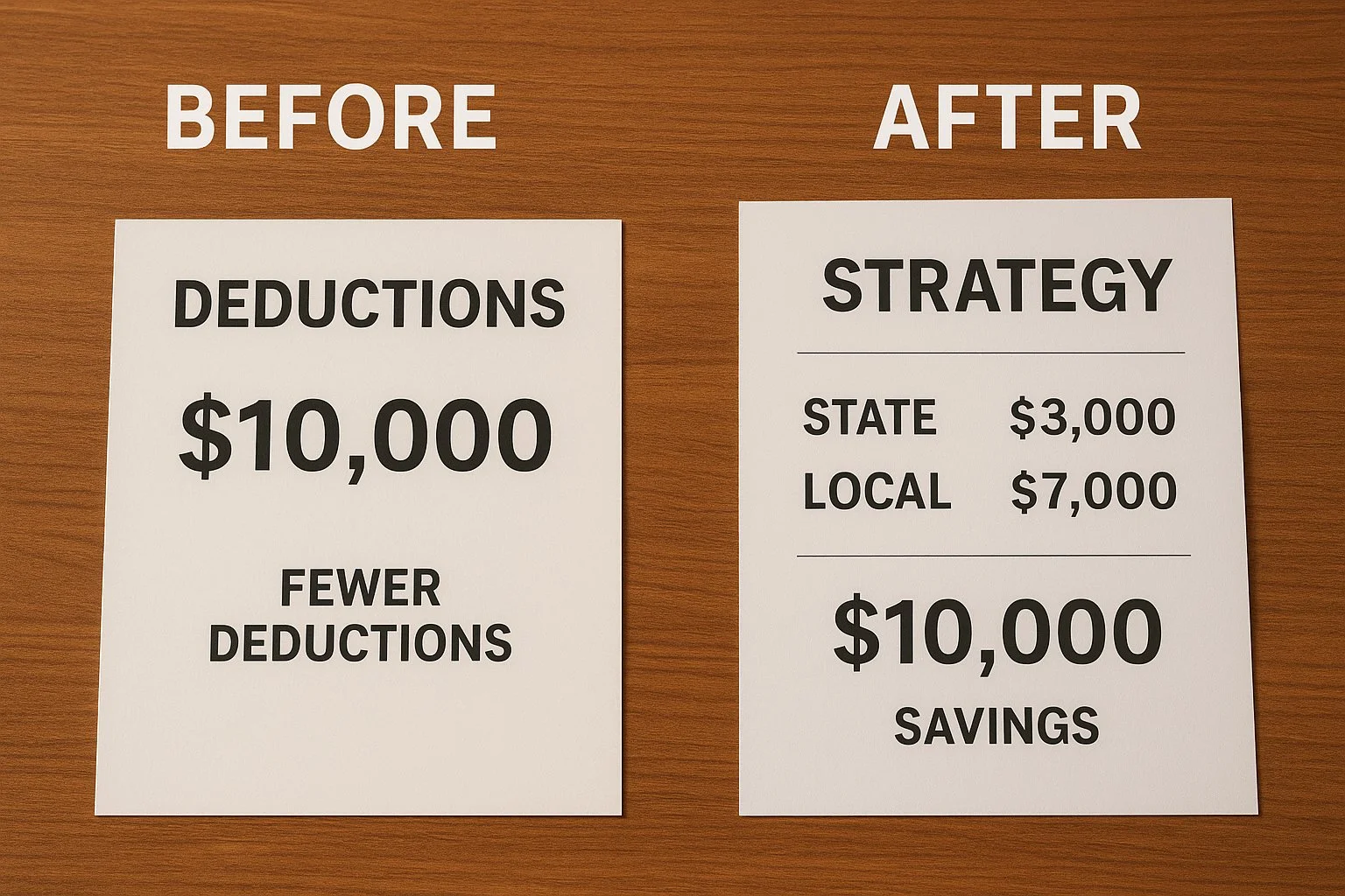 Before and after comparison showing the old $10K tax limit with fewer deductions on one side, and a new combined strategy with increased deductions and savings on the other.