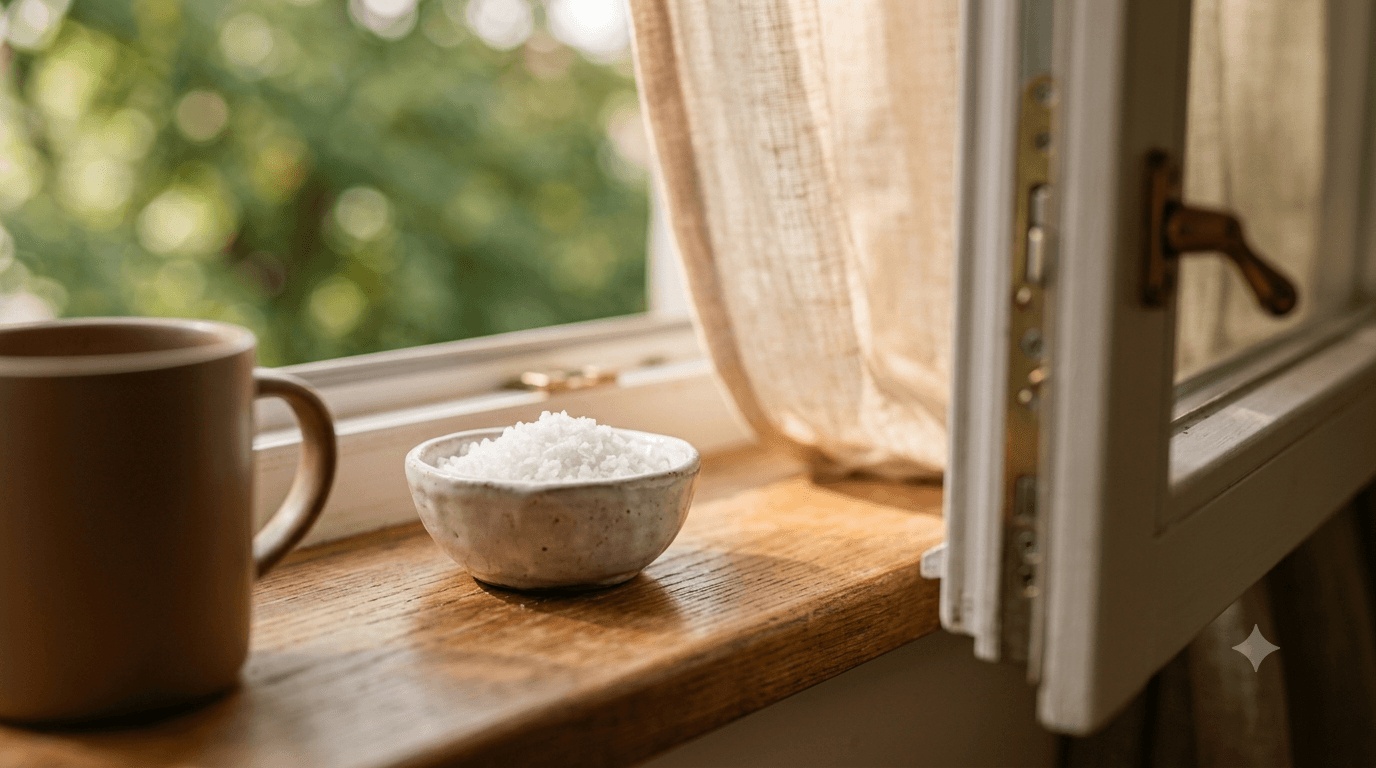 A small ceramic bowl of sea salt sitting on a windowsill.