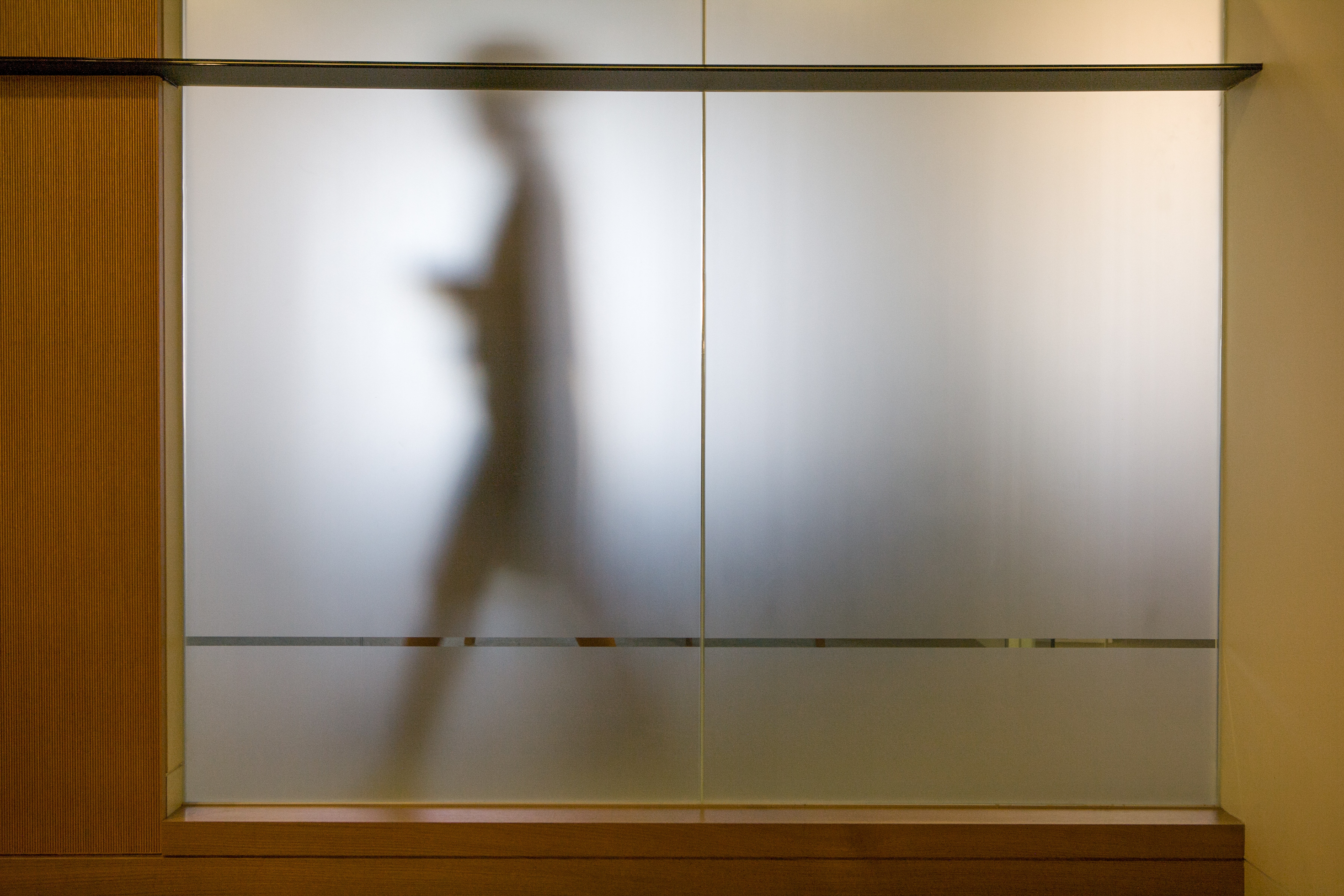 Frosted glass office wall with a blurred person walking behind it, symbolising organisational data protection, privacy, and controlled access.