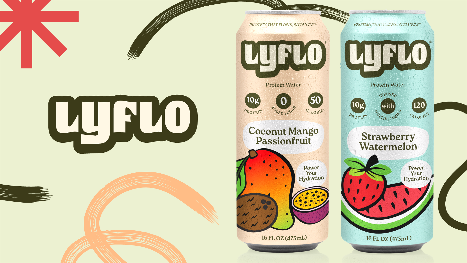 Lyflo protein water cans showing coconut mango passionfruit and strawberry watermelon flavors with colorful fruit design