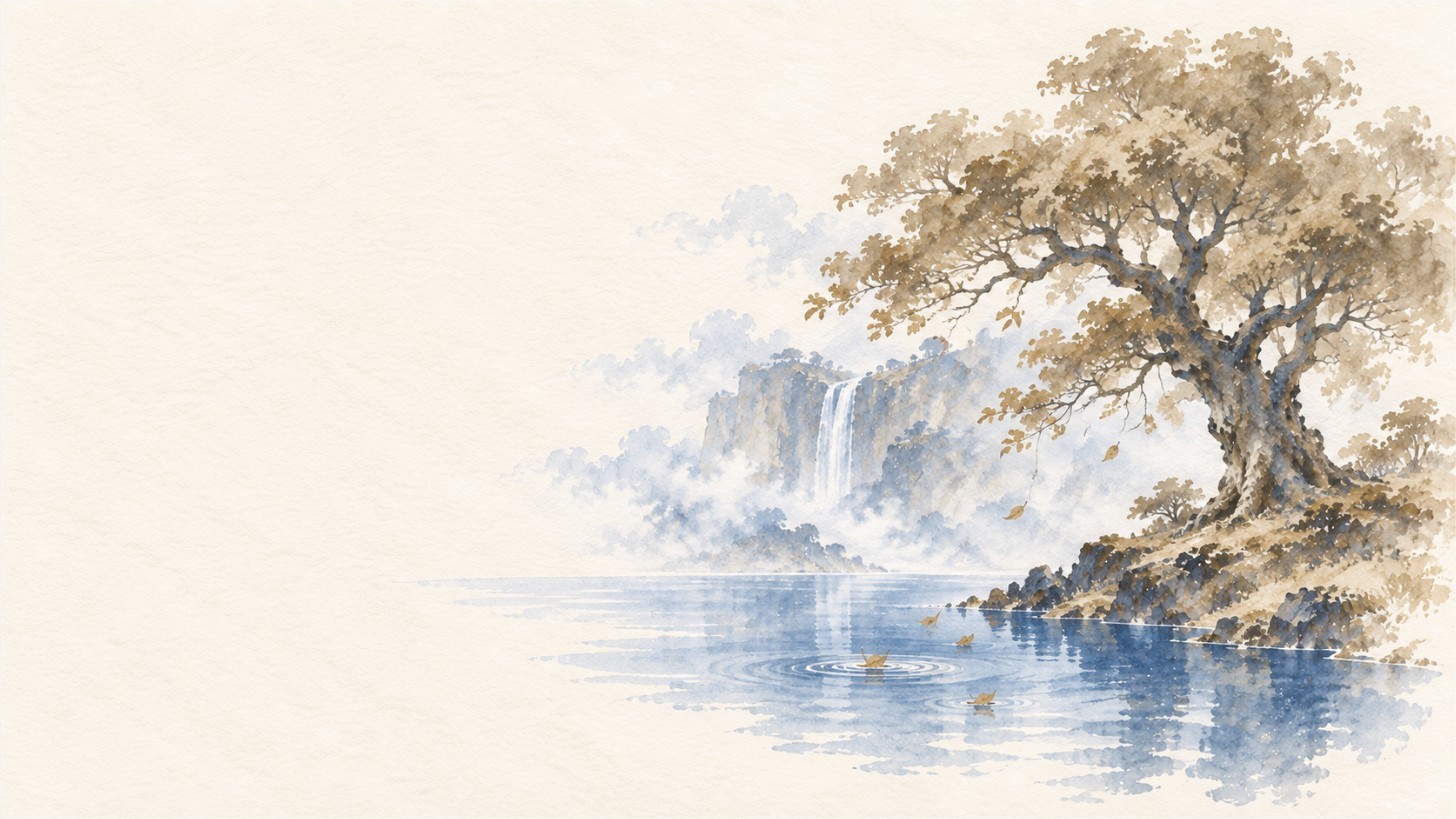 Watercolour oak leaning over a still lake, with a waterfall in the mist behind it