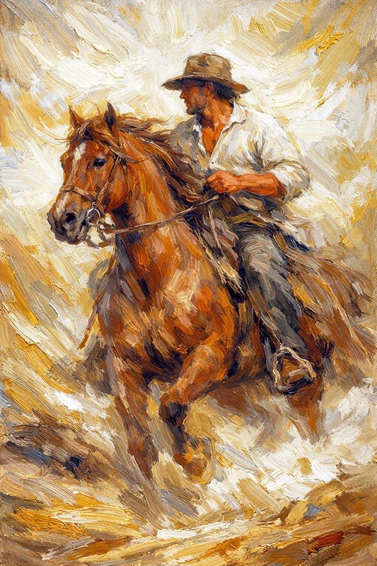  Original painting for living room of a cowboy riding a horse on a textured background 