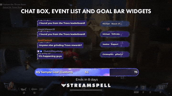 Lofi Night stream widgets showing Chat Box, Event List, and Goal Bar during gameplay.