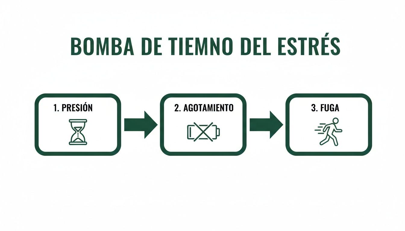 Infografía sobre la bomba de tiempo del estrés: presión (reloj de arena), agotamiento (batería tachada) y fuga (persona corriendo).