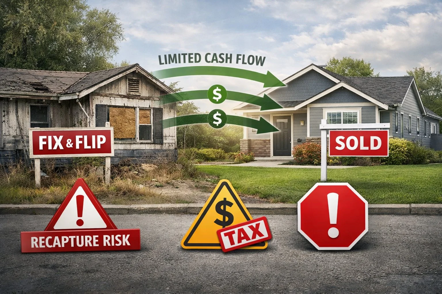 Conceptual image of a short-term property flip with minimal cash flow arrows and warning icons highlighting recapture risk.