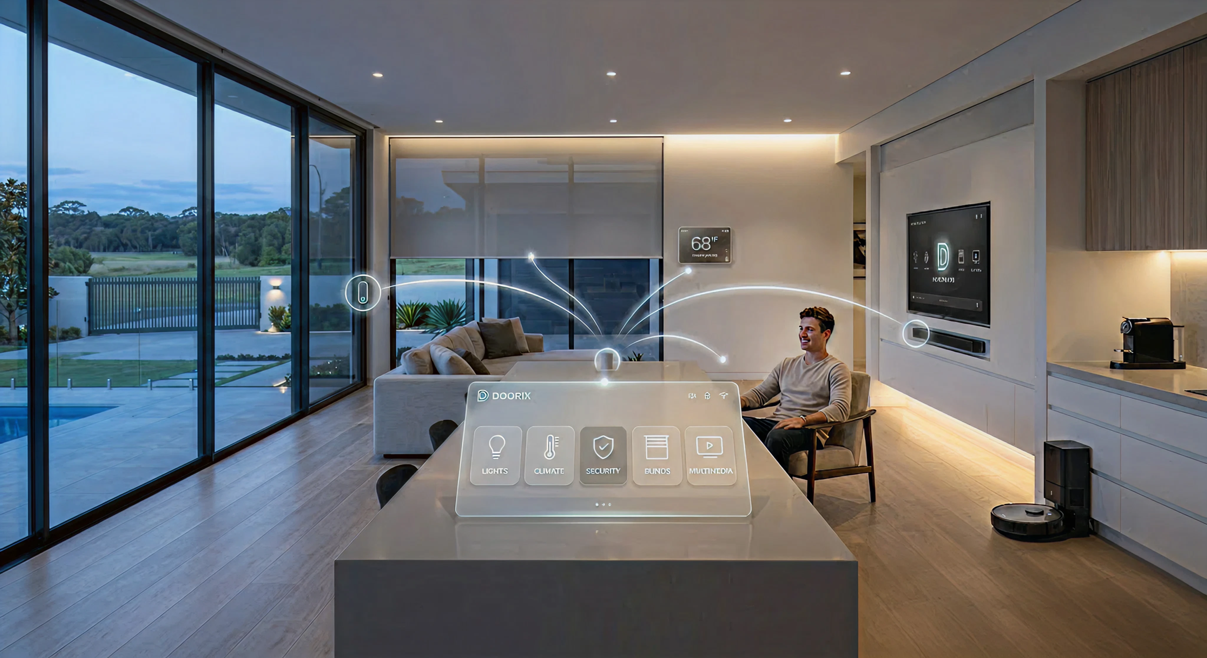 A vertical sidebar sequence of small preview thumbnails displaying different home automation settings, user interfaces, and modern smart interiors.