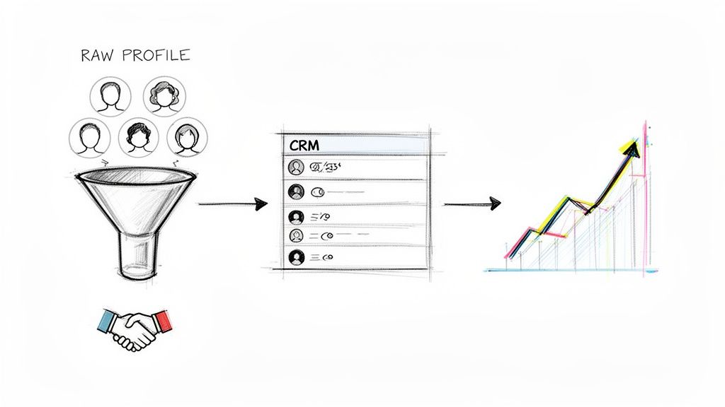 Illustration of data processing: raw profiles filtered through a funnel into a CRM, leading to business growth and successful deals.