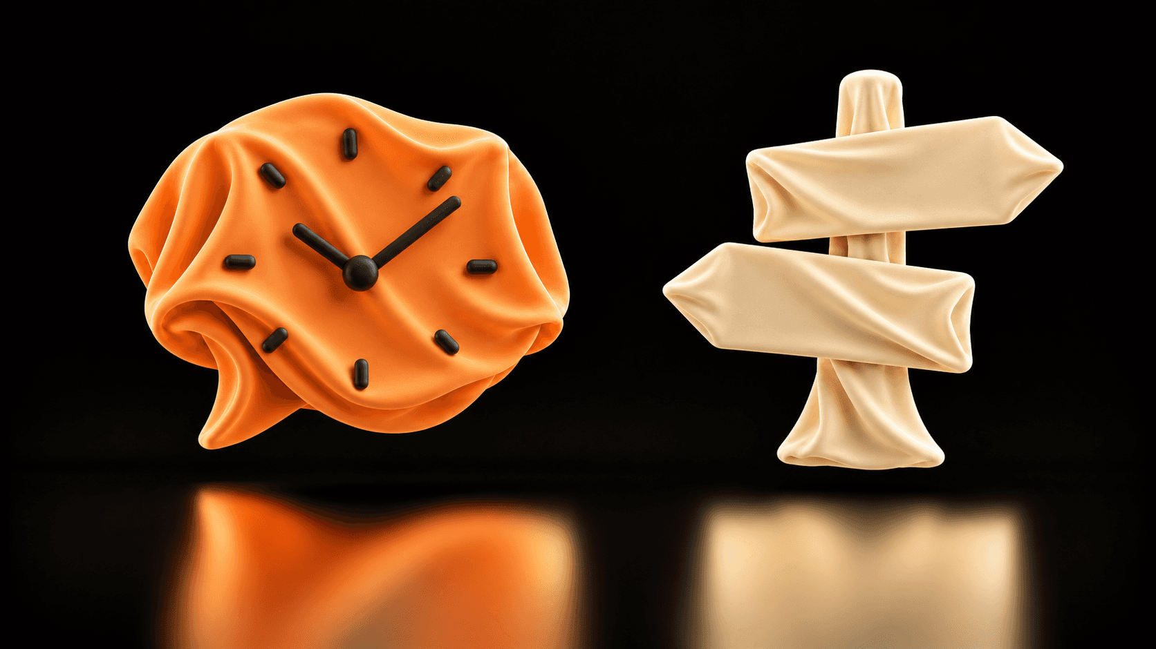 A separate orange cloth clock and cream directional signpost represent choosing a review time and destination for deferred topics.