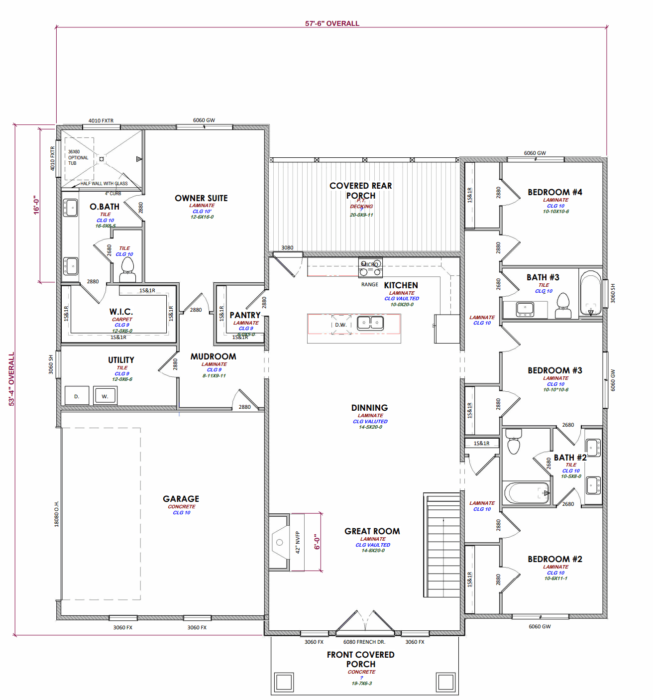 4 bed, 3 bath custom home floorplan
