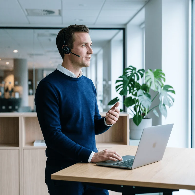 Hotel sales manager standing at his desk, taking a call on a wireless headset