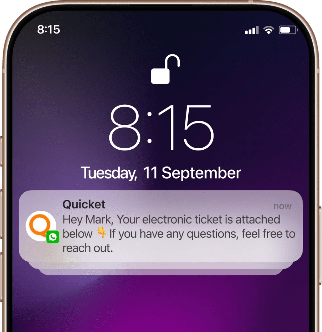 Phone screen with use case example of  WhatsApp ticketing integration with Quicket 