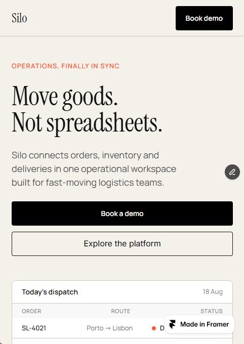 Mobile view of the Silo landing page after Framer’s visual refinement, showing 24px horizontal padding, full-width stacked hero buttons and the dispatch board below the hero.
