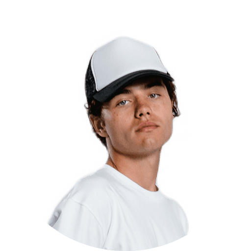 A young man with a black and white trucker hat looking at the camera. He wears a white t-shirt.