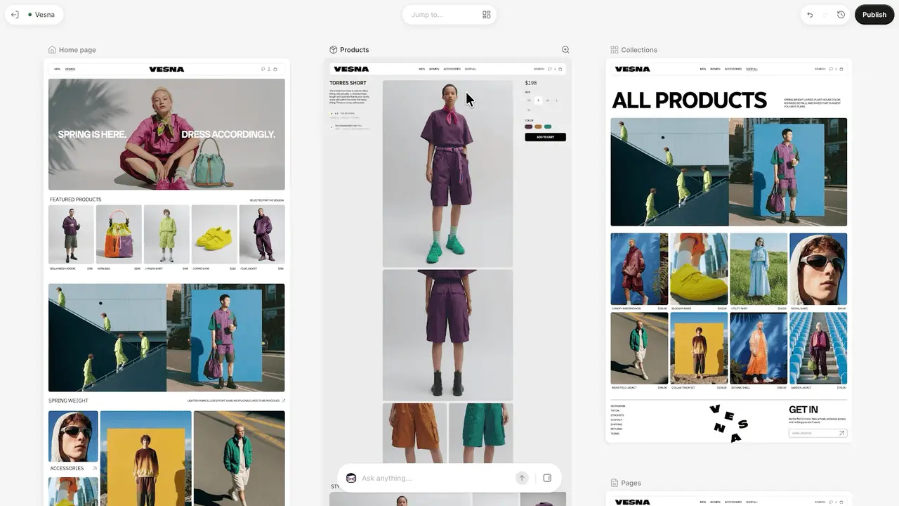 Shopify Canvas zoomt van het templateoverzicht in op de homepage van de demostore Vesna