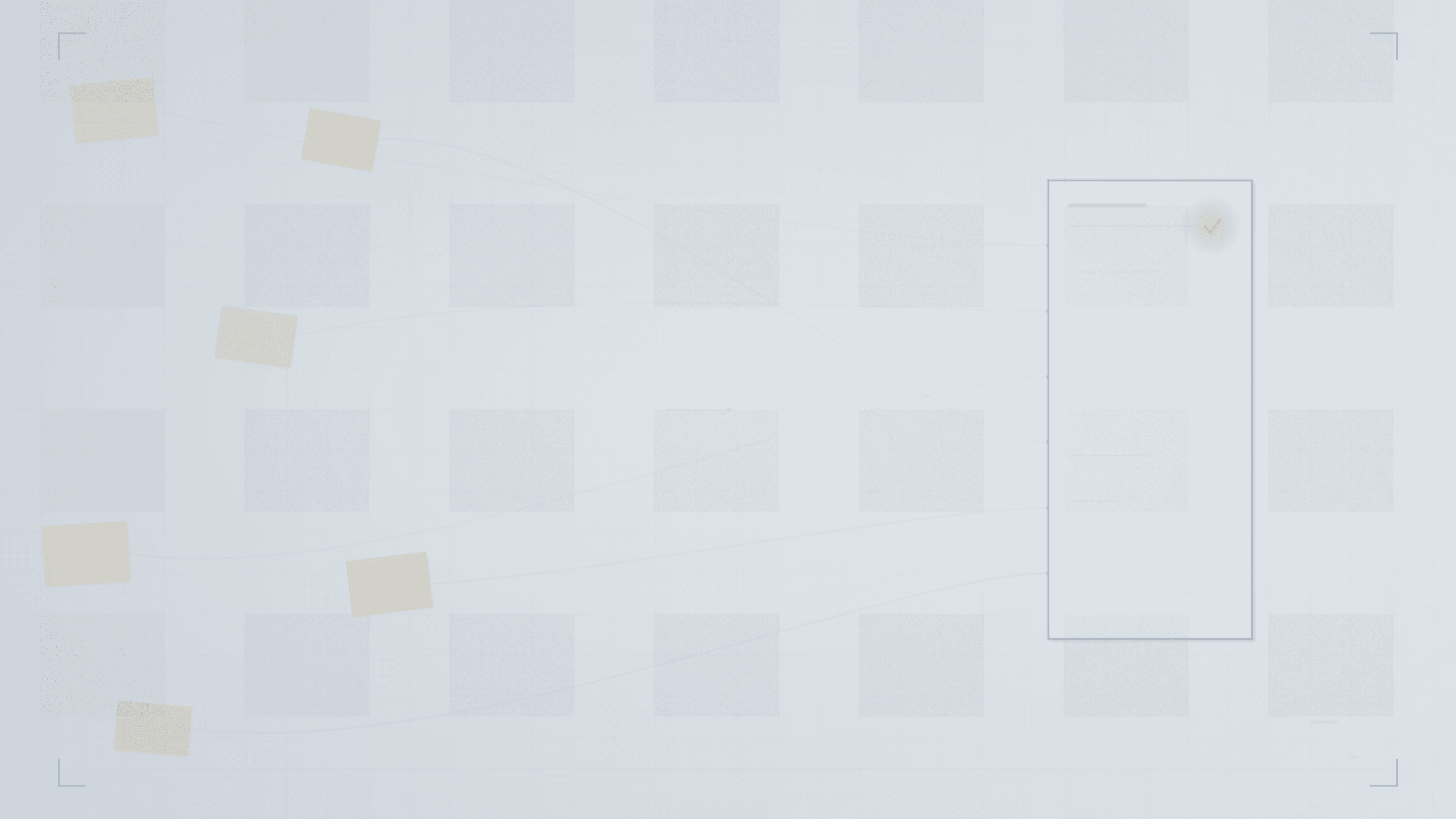 Abstract illustration on pale blue-gray of six scattered ochre-tinted rectangles on the left each sending a thin curved path toward a single clean steel-bordered rectangle on the right, evoking scattered feedback consolidating into one clear document.