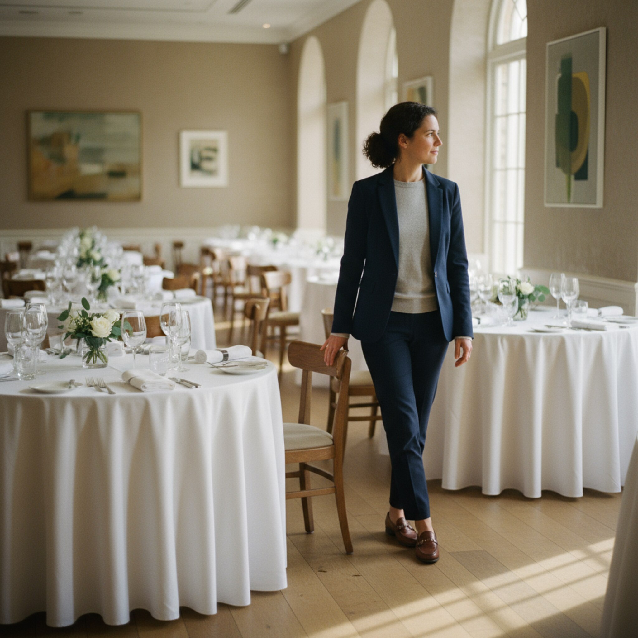 Eine elegante Eventfläche mit sorgfältig eingedeckten Tischen und dezenten Blumen. Ein Verantwortlicher überprüft die Anordnung der Stühle, Sonnenlicht fällt durch hohe Fenster. Alles ist vorbereitet und wirkt durchdacht. Die Stimmung signalisiert Professionalität und Verlässlichkeit.