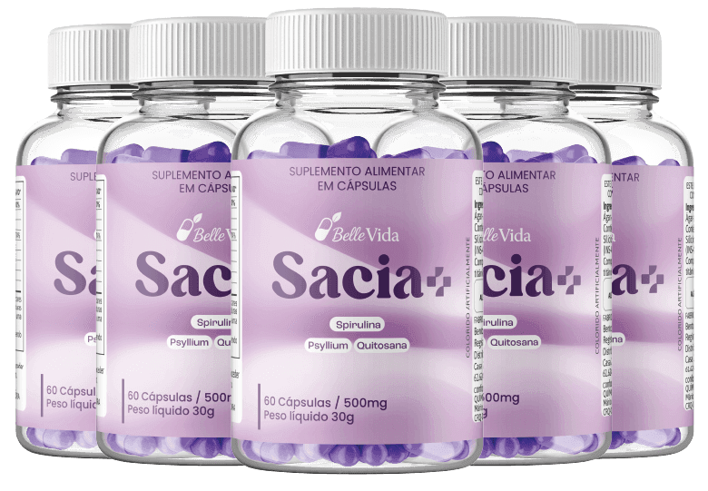 Frascos do suplemento Sacia+ alinhados, destacando a embalagem e a identidade do produto.