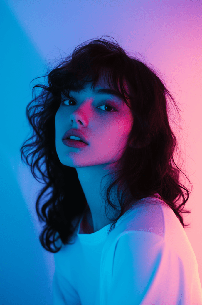  A woman with dark hair illuminated by vibrant blue and pink lights in a dimly lit setting.