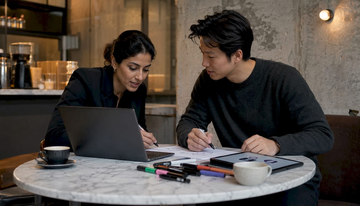 Two designers discuss logo sketches in co-working space