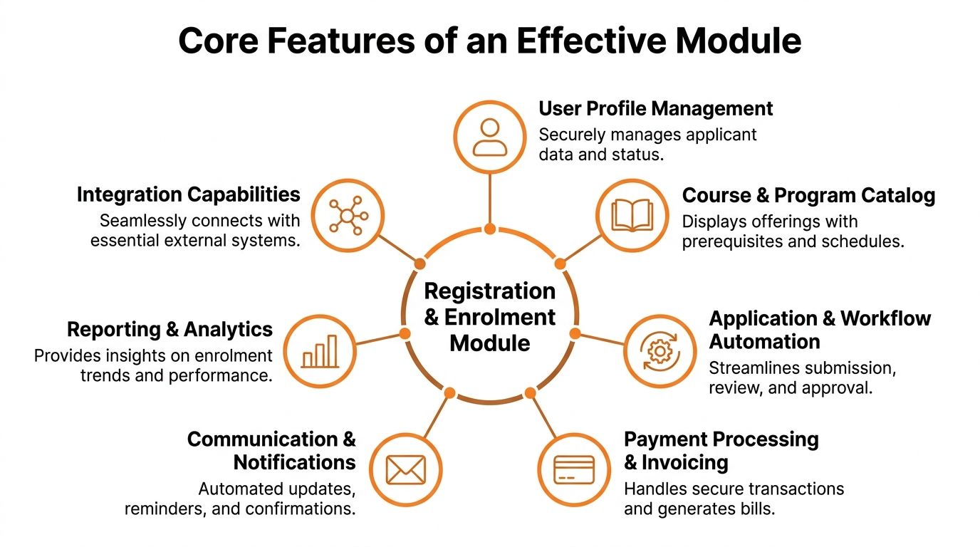 A diagram outlining the seven core features of a registration and enrolment module system for educational institutions.