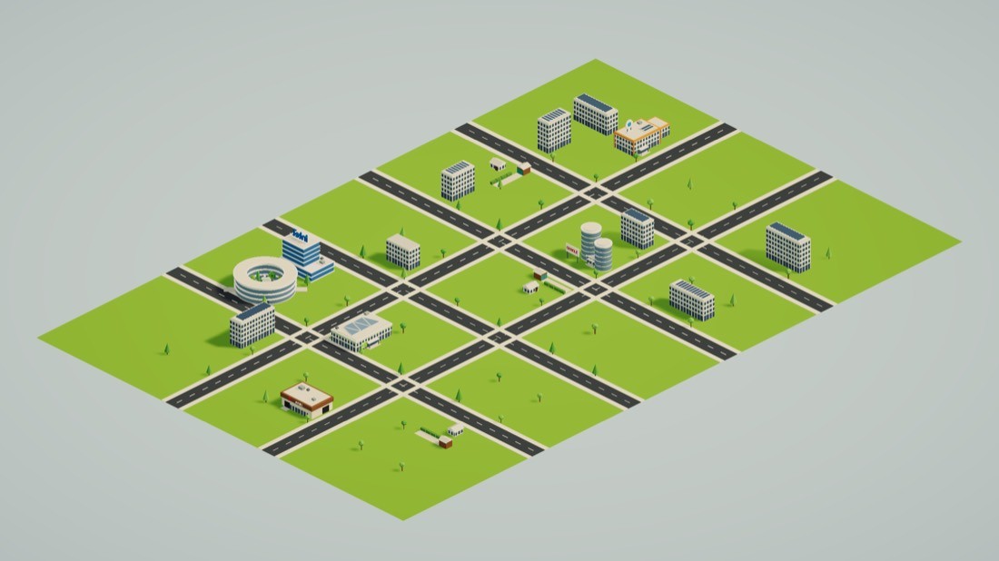 The city at tick 0: low and sparse, mostly garages and small offices