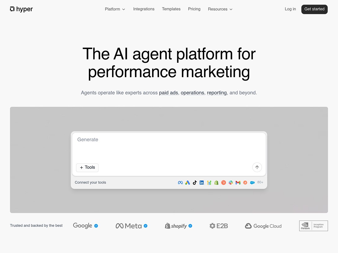 Hyper AI agent platform homepage with chat interface, tool integrations, and logos of Google, Meta, Shopify partners