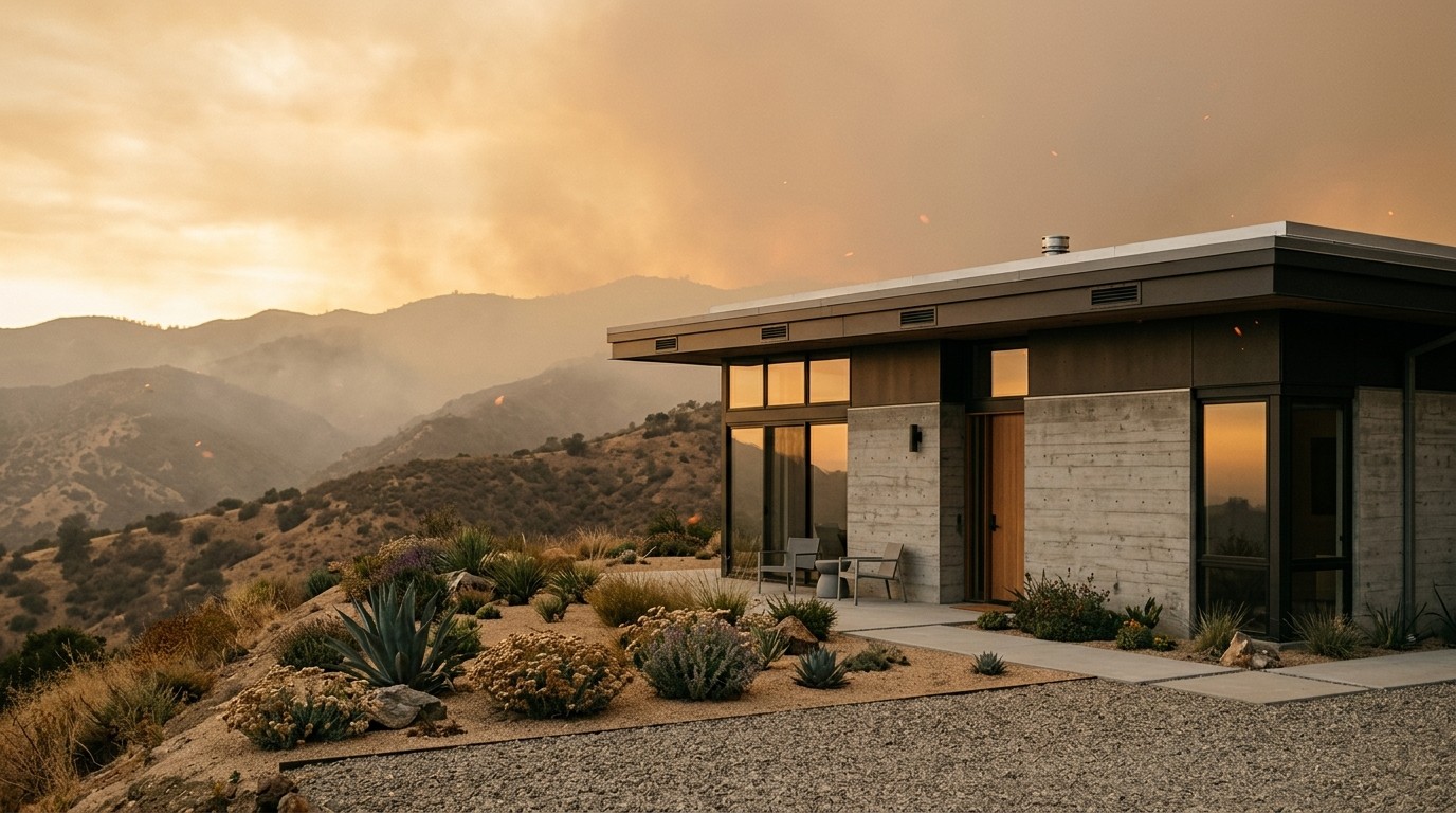 wildfire damaged hillside home california smoky orange light
