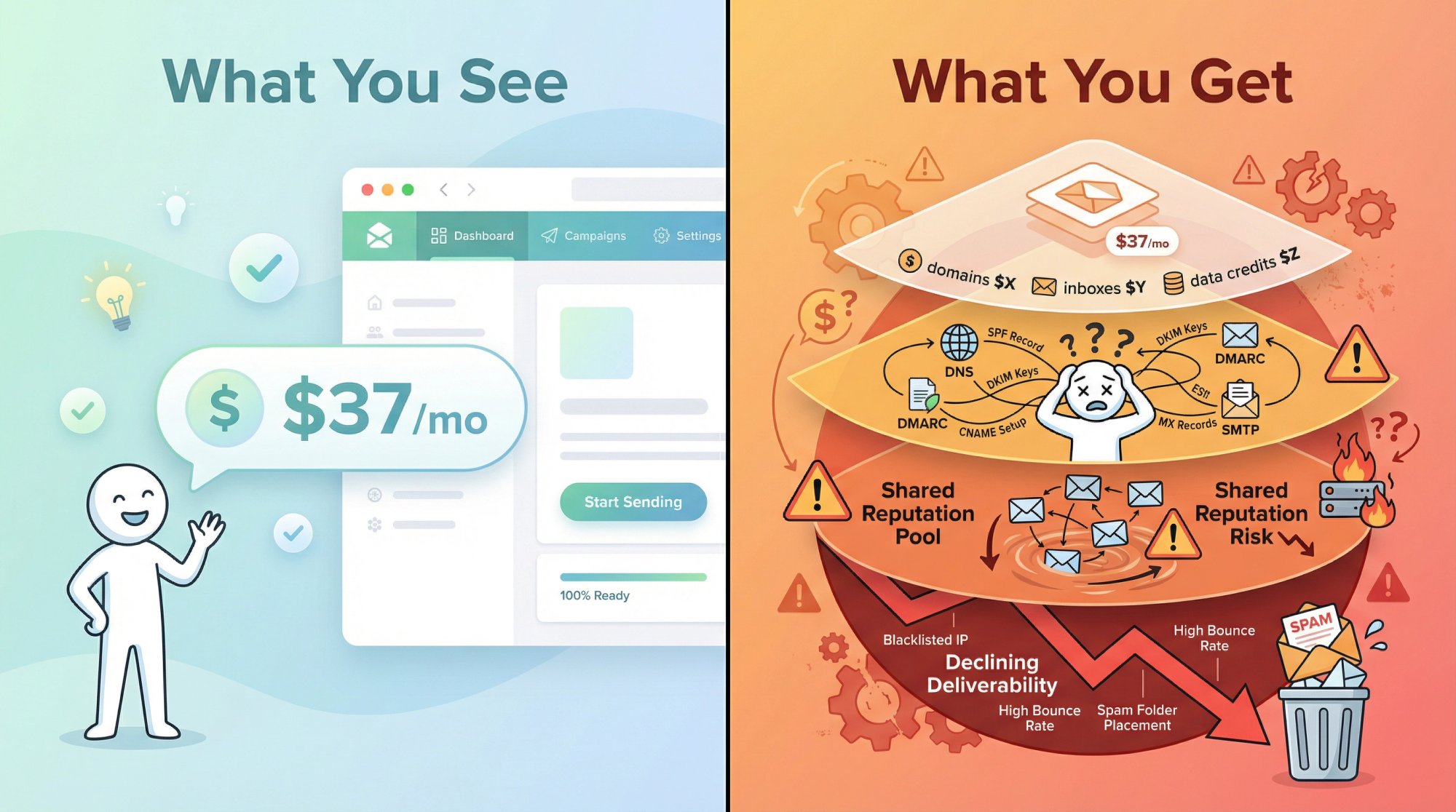 Visual comparison showing advertised simplicity versus hidden complexity in cold email platforms with cost and technical layers