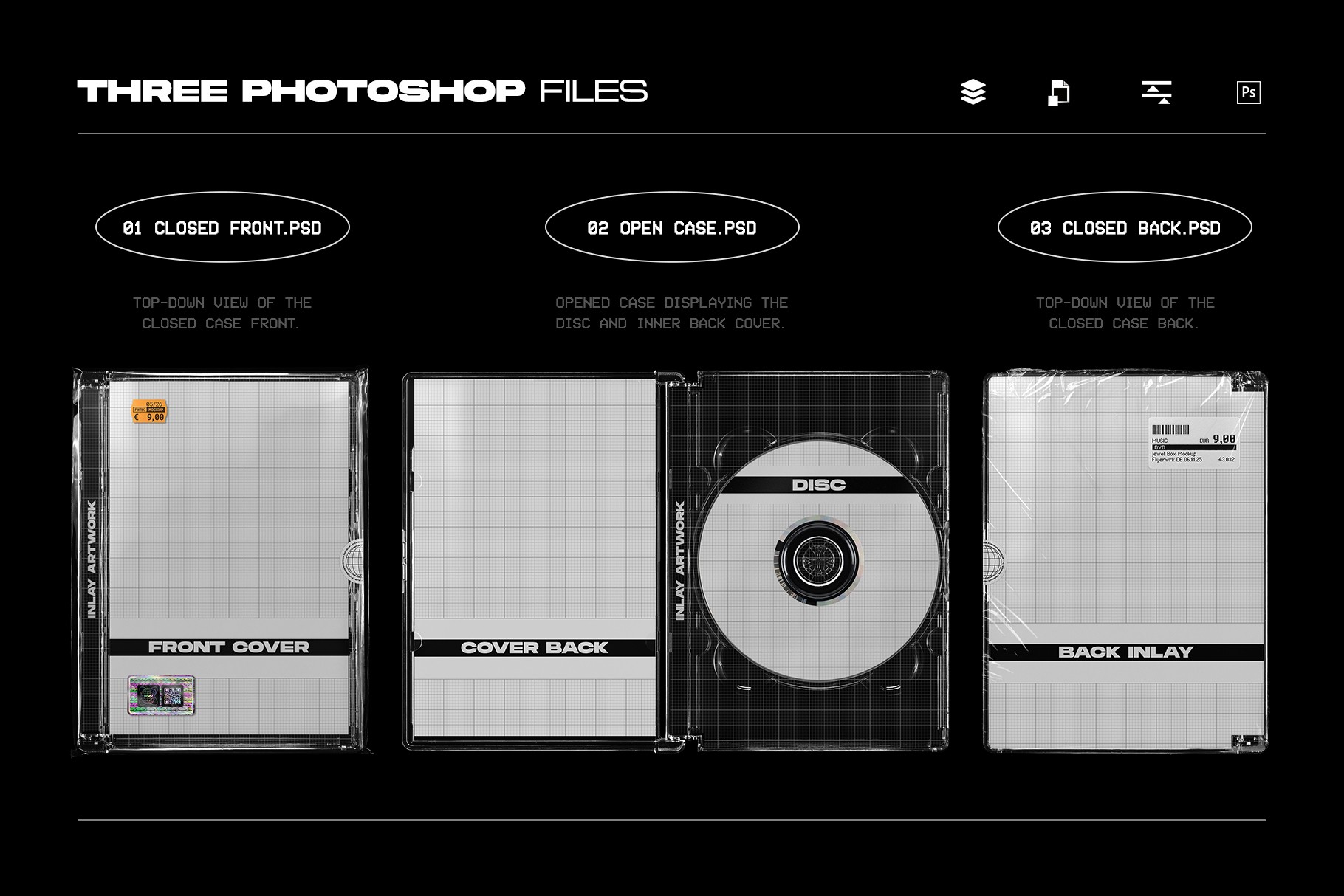 DVD jewel case mockup three Photoshop files showing front open and back views