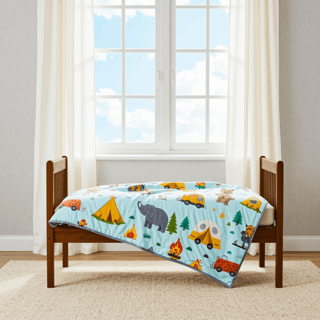 product photography of a camping-themed blanket with cartoon characters