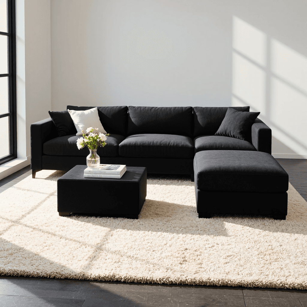 product photography of a sectional sofa with an ottoman, designed for seating and relaxation