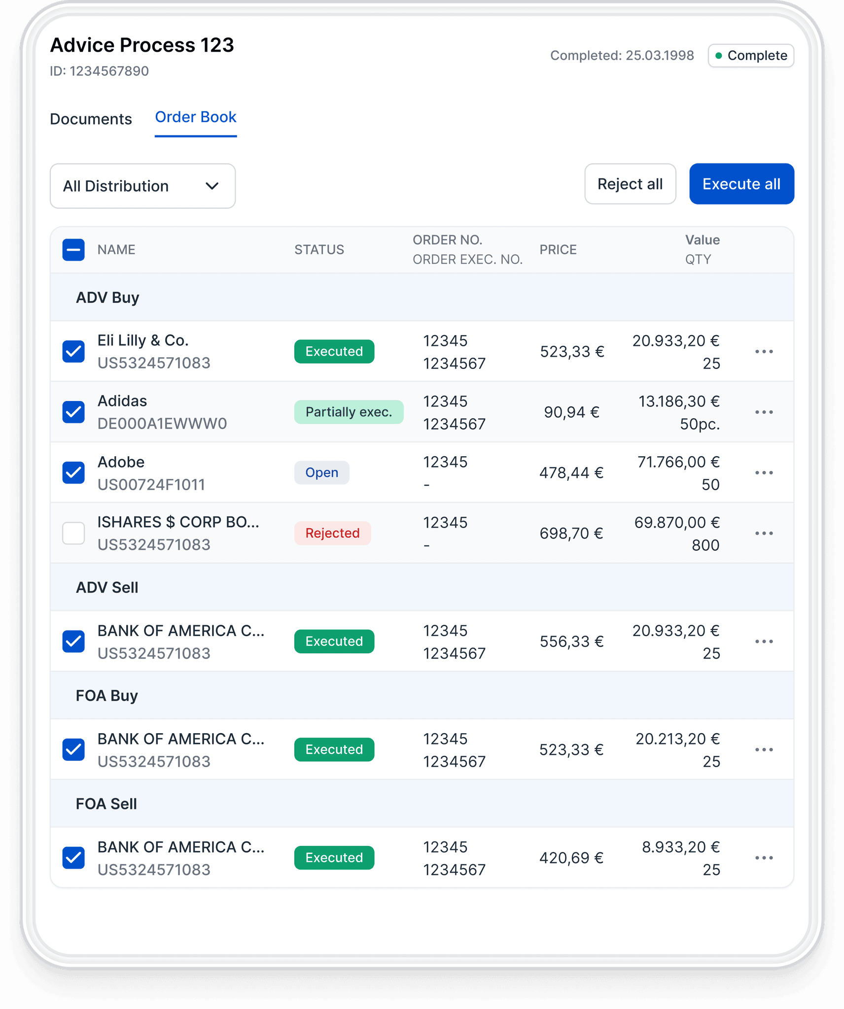 Order book interface for investment advisory showing transaction details, including stocks, order status, and trade amounts.