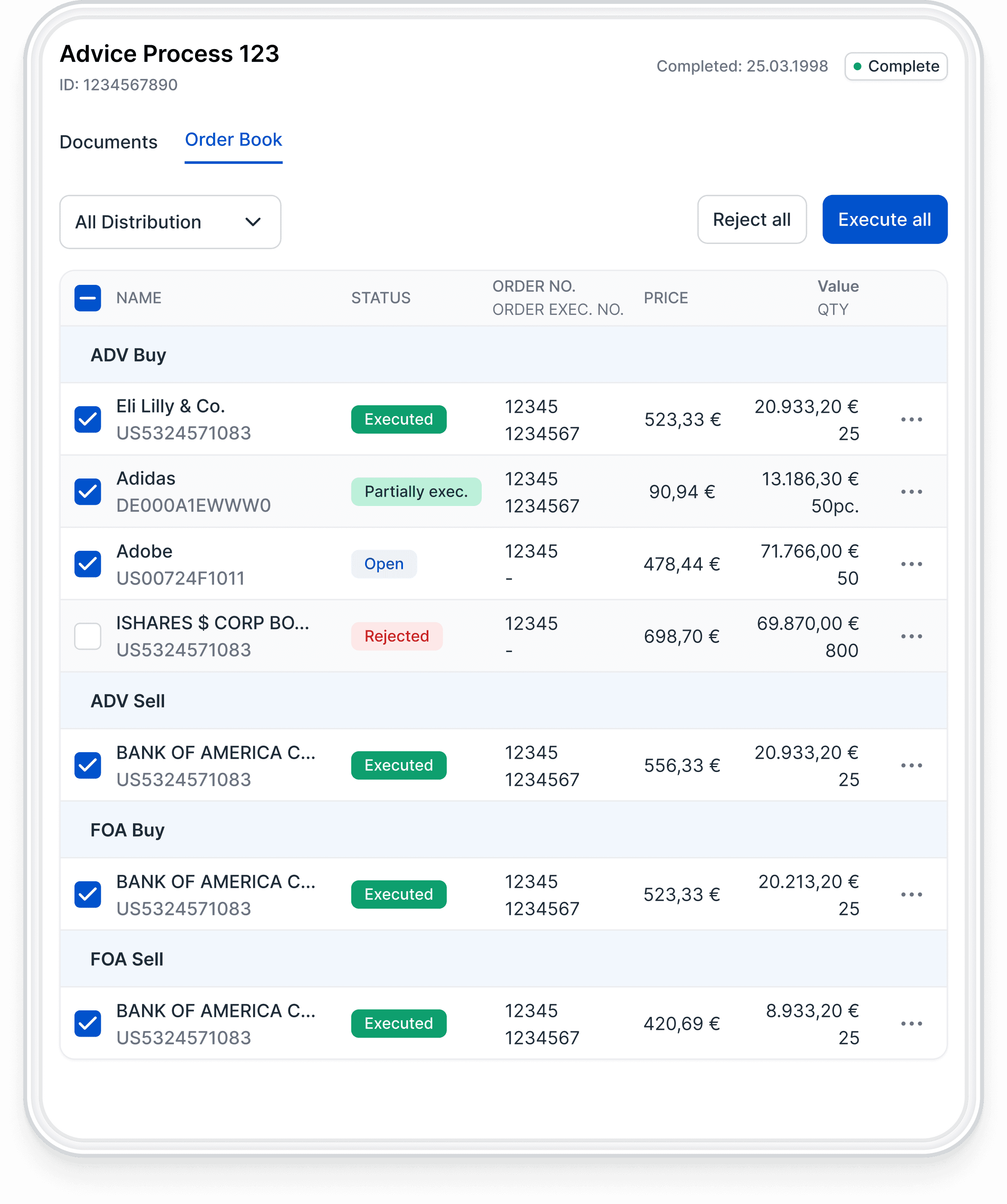 Order book interface for investment advisory showing transaction details, including stocks, order status, and trade amounts.